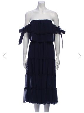 Misa Los Angeles Navy Off-Shoulder Tiered Midi Dress with Bow Sleeves